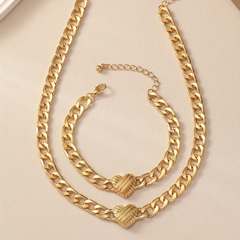 TEMU 2pcs (necklace+bracelet) Luxurious And Fashionable Women's Golden Stainless Steel Wedding Party Vacation Bracelet Necklace Set