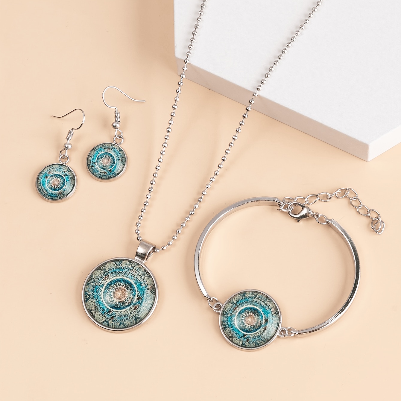 TEMU Ensemble trois pièces bohème turquoise mandala comprenant un collier, des boucles d'oreilles et un bracelet de style ethnique, une collection de