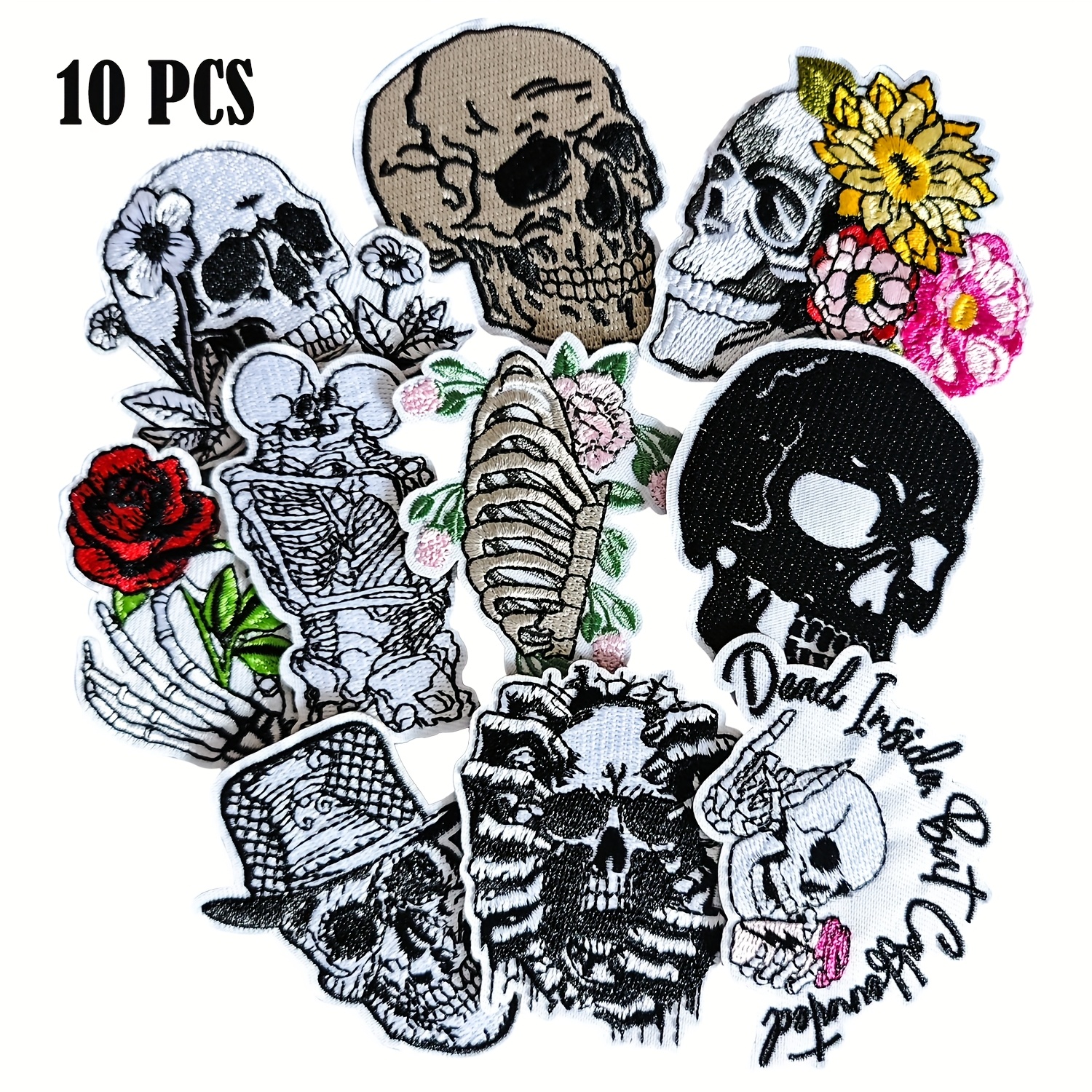 E-shop 10 Stück Gothic Romantische Bügelflicken - Edgy Blumen-Schädel-Designs mit , Einfach zu Anbringen für Kleidung, , Mützen - AXEN Gothic Fantasy