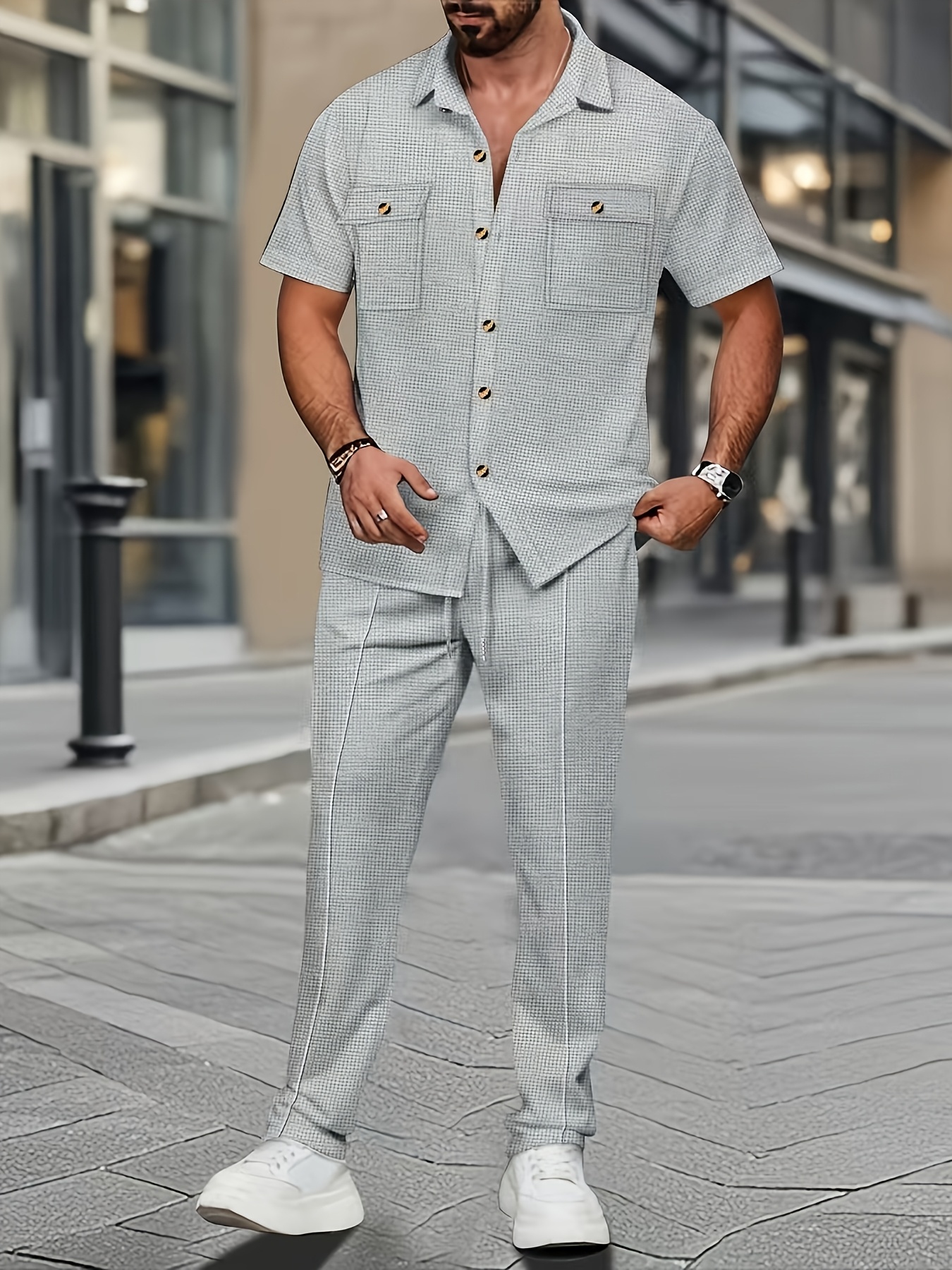 Men'S Casual Short Sleeve Shirt And Long Pants 2pcs Set Commuter Outfit, Textured Buttons And Pockets, Versatile Style