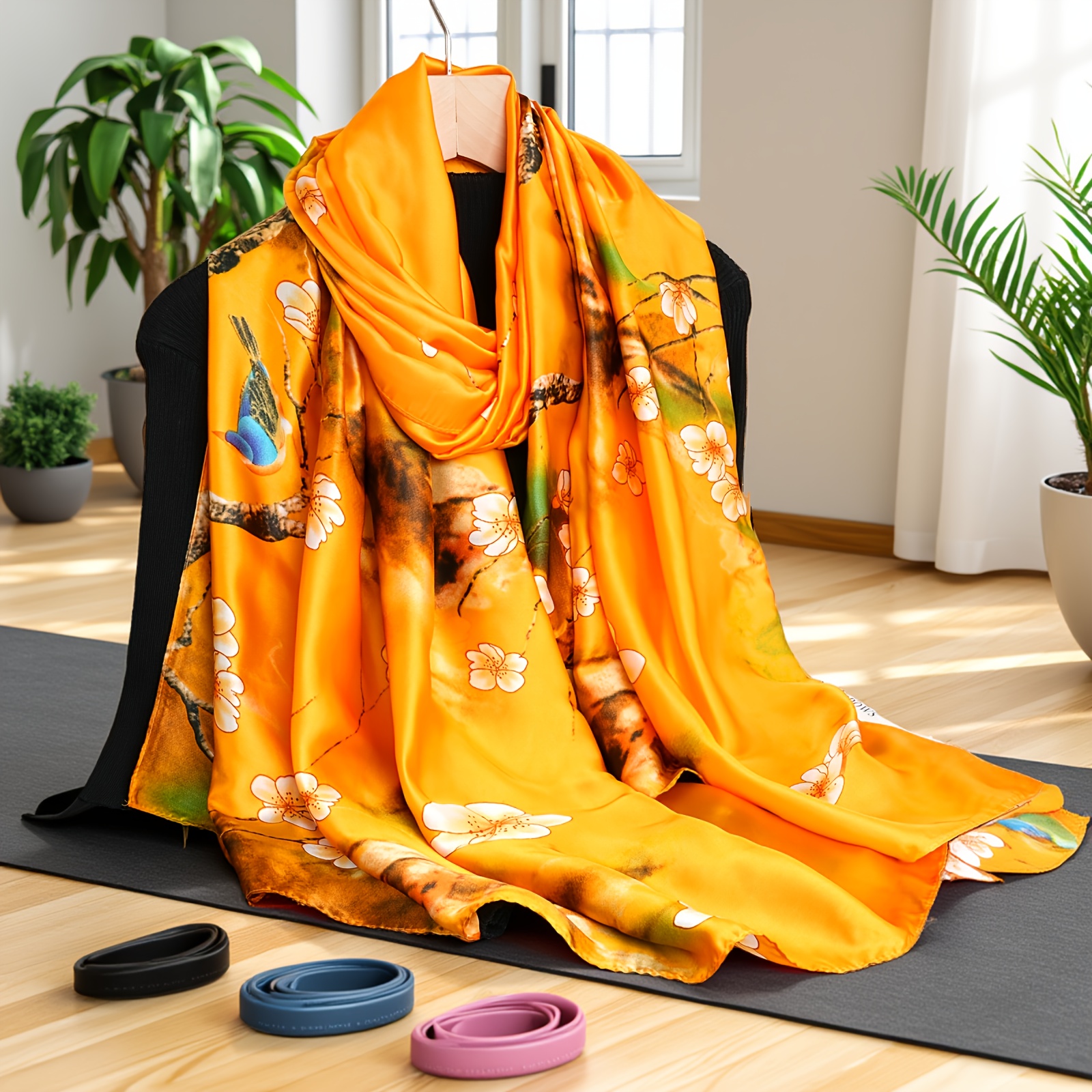 Image of 180x85cm Long Scarf With Floral Print, Elegant Satin Outdoor Shawl Travel Head Wrap, Women's Fashion Hair Accessory For Spring And Summer