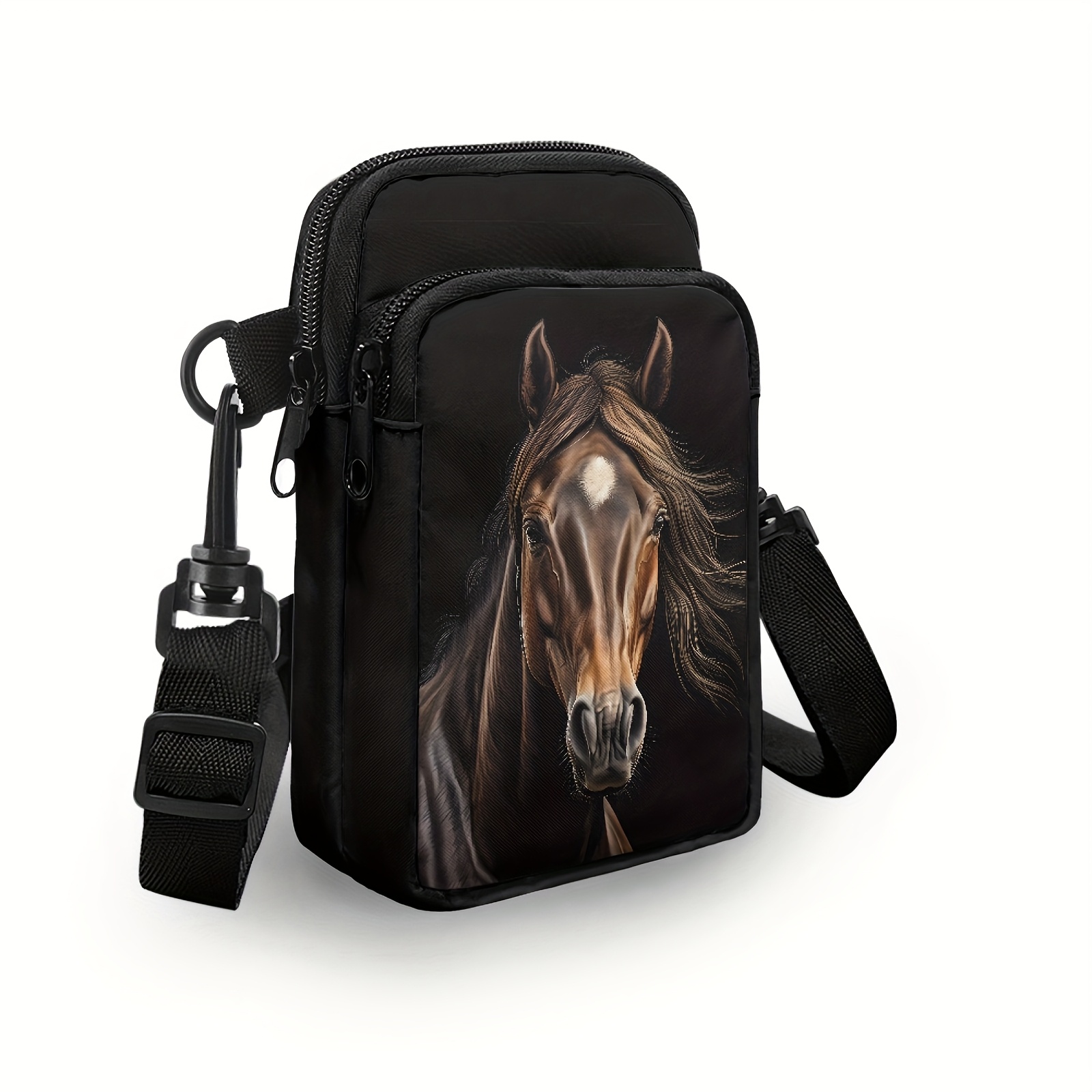 Image of Wild Horse Print Black Double Layer Shoulder Bag 1pc, Crossbody Backpack Sling Bag With Adjustable Strap Women Cross Body Chest Bag Mini Purse