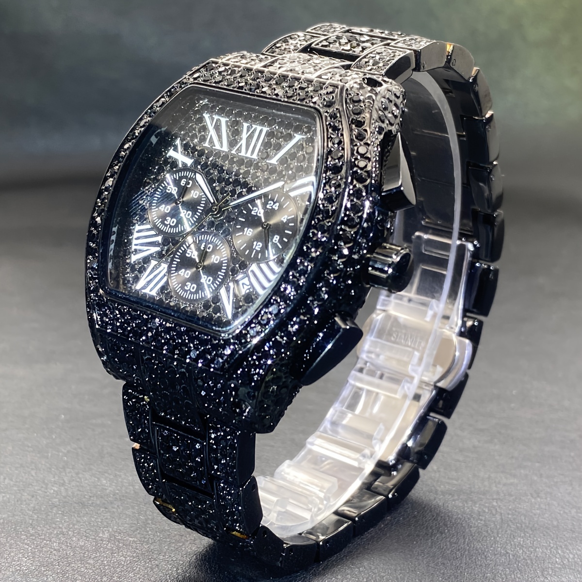 Reloj de cuarzo para hombre MISSFOX con diamantes de imitación, cronómetro estilo fiesta con caja y correa de aleación de zinc no impermeable, esfera electrónica en forma de barril, reloj deportivo de hip hop con pantalla de puntero