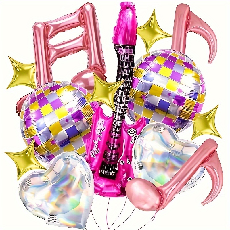 

14 Pcs Pop Singer Balloons Set, Mixed Colors, Elliptical Shaped, Aluminum Foil Balloons With Huge Disco Ball, Music Note, Guitar, For Birthday, Disco Party, Singer Fans Party Decoration Supplies