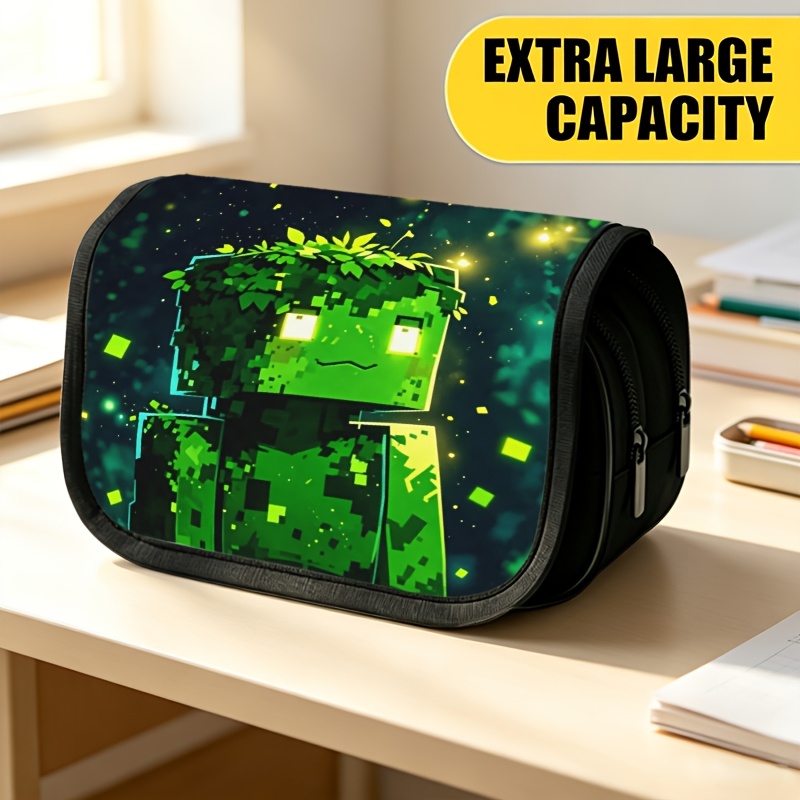 TEMU Trousse à crayons double couche grande taille, pochette à crayons imprimée et avec motif imprimé galaxie de de bloc vert pixelisé, sac de