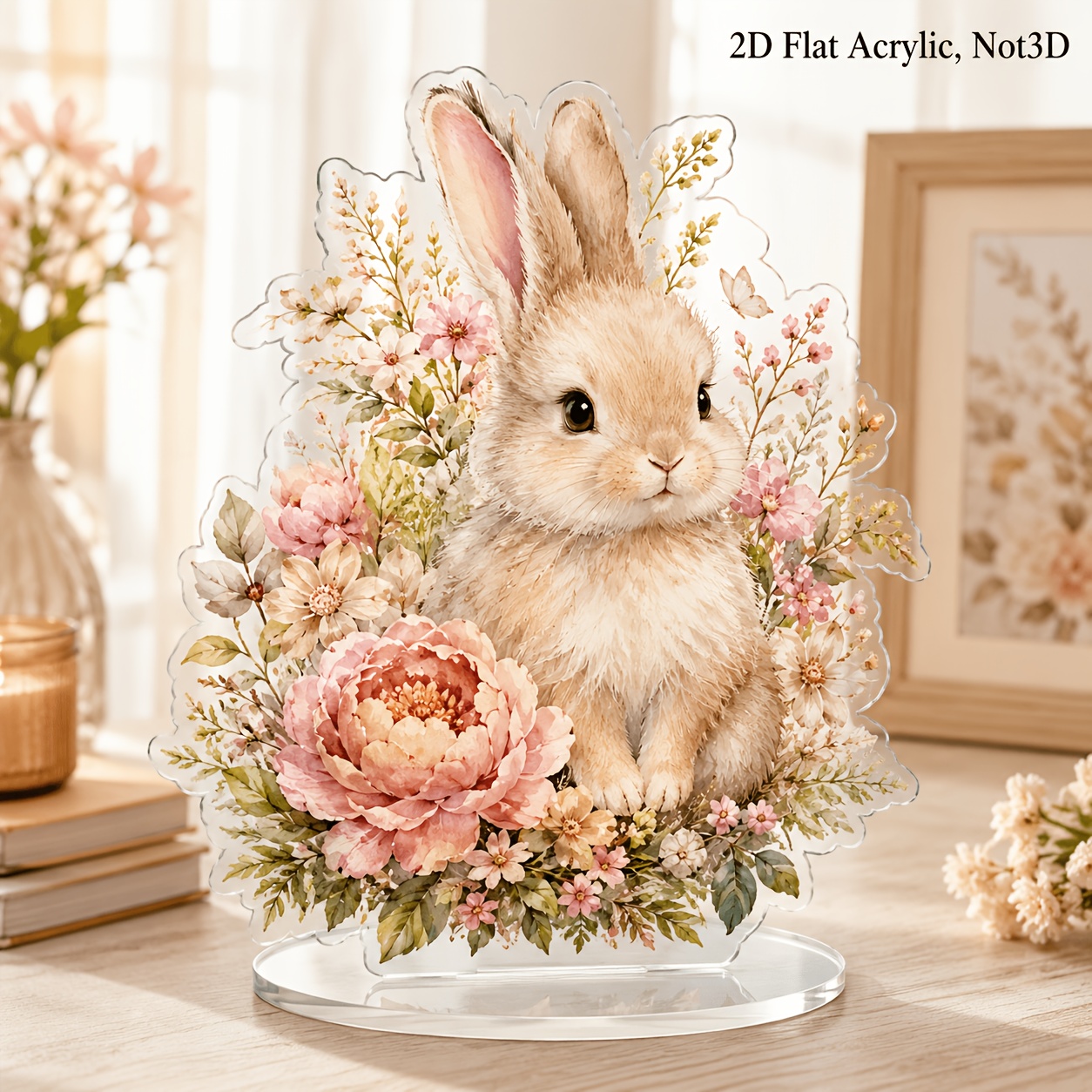 TEMU Décoration de table lapin en acrylique plat 2D, beige avec fleurs roses et feuillage vert, plaque en acrylique imprimée transparente, décoration