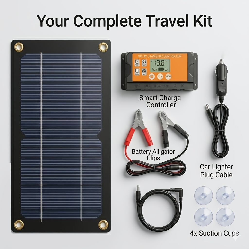 TEMU 1 Set Solar Charging Kit, Portable Off- Solution For Rv, Boat, Cabin & Camping, Designed For , Solar Panel Kit With Controller And Battery Clips