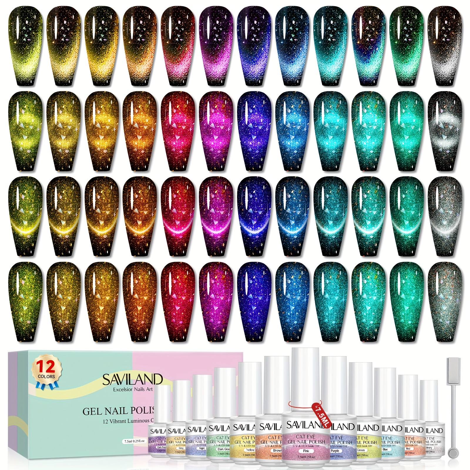 

Saviland 12 Colors Crystal Cat Eye Gel Nail Polish Set Glitter Spring Summer Shiny Dreamy Series With Double-head Magnetic Stick Reflective Disco 2023 Manicure Diy Sparkle Nail Art Salon Home Gifts