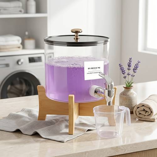 container for laundry detergent with a shelf stand featuring spouts and a lid designed for organizing liquid detergent and fabric softener in