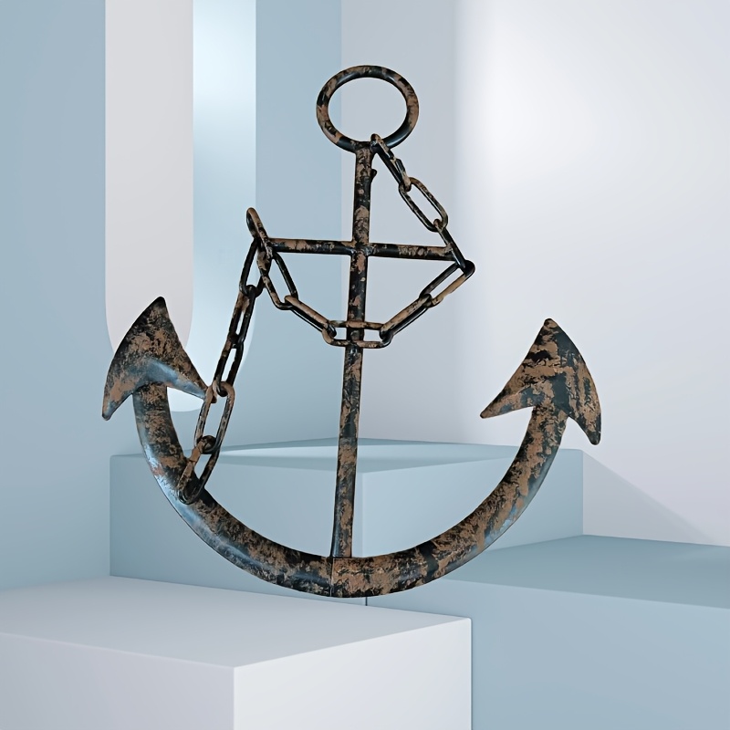 Image of 1pc Anchor Wall Decor Statue, Metal Nautical Anchor Decoration, Distressed Nautical Wall Decor With Chain. Anchor Decor Nautical Wall Art, Suitable For Home Bedroom And Living Room