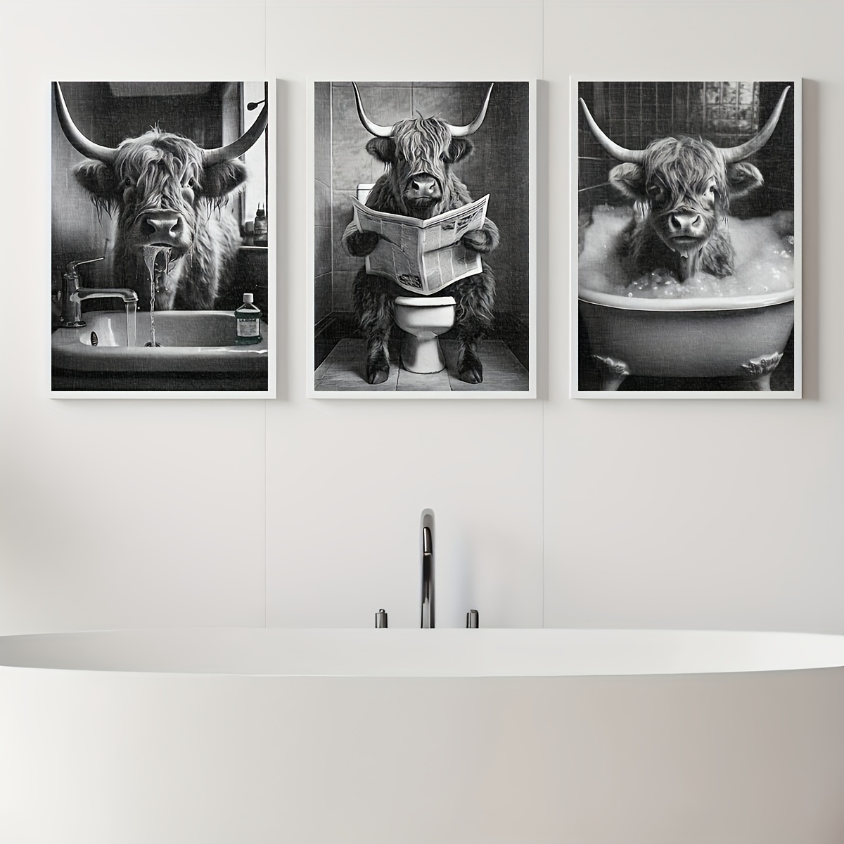 E-shop 3-teilige rahmenlose schottische Kuh-Wandkunst - Lustige Highland-Kuh-Poster, vertikale Tierdruck-Leinwandbilder geeignet für Badezimmer,