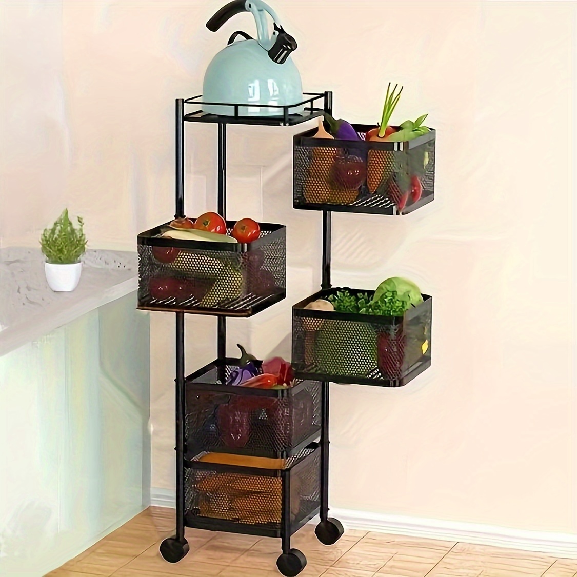rotating tiered utility cart with wheels multipurpose floor standing storage organizer rack with mesh baskets easy assembly space saving for kitchen living room bathroom details 1