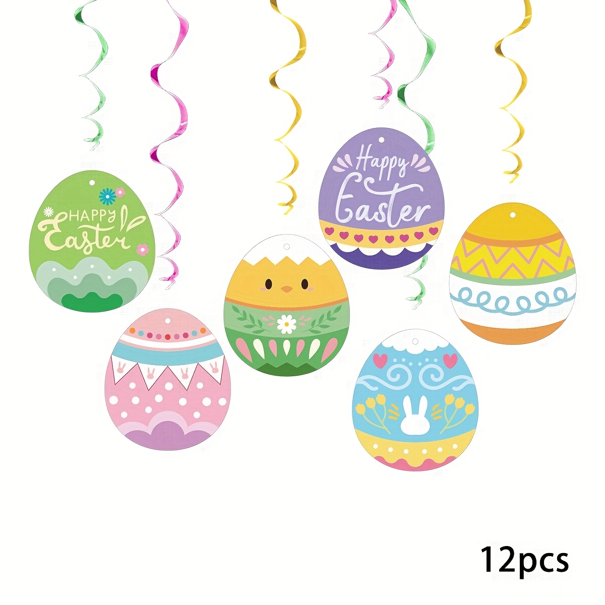 Image of 12pcs/24pcs Spiral Hanging Ornaments, Bunny Swirl Decorations, Colored Egg Bunny Hanging Swirl Ribbons, Easter School Office Indoor Ceiling Decorations, Decor