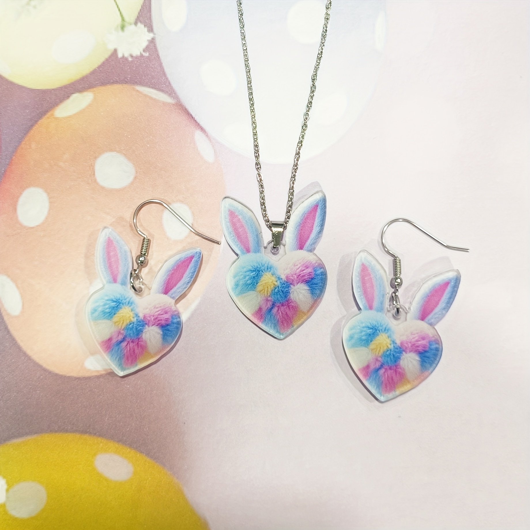 Colorful Heart Rabbit Women's Earrings & Necklace Set, 3pcs
