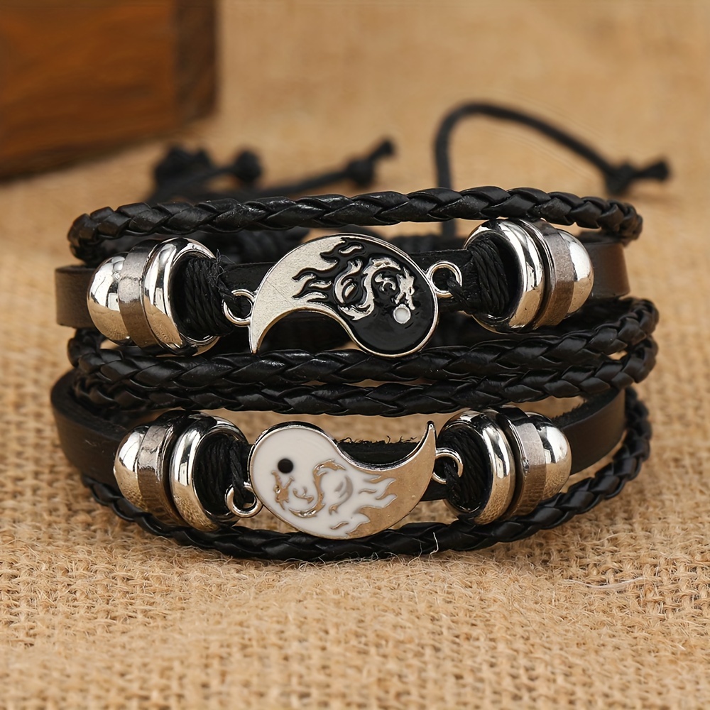 

2pcs Set Vintage Tai Chi Yin Yang Handwoven Faux Leather Bracelets - Adjustable, Fashionable Men's Accessory