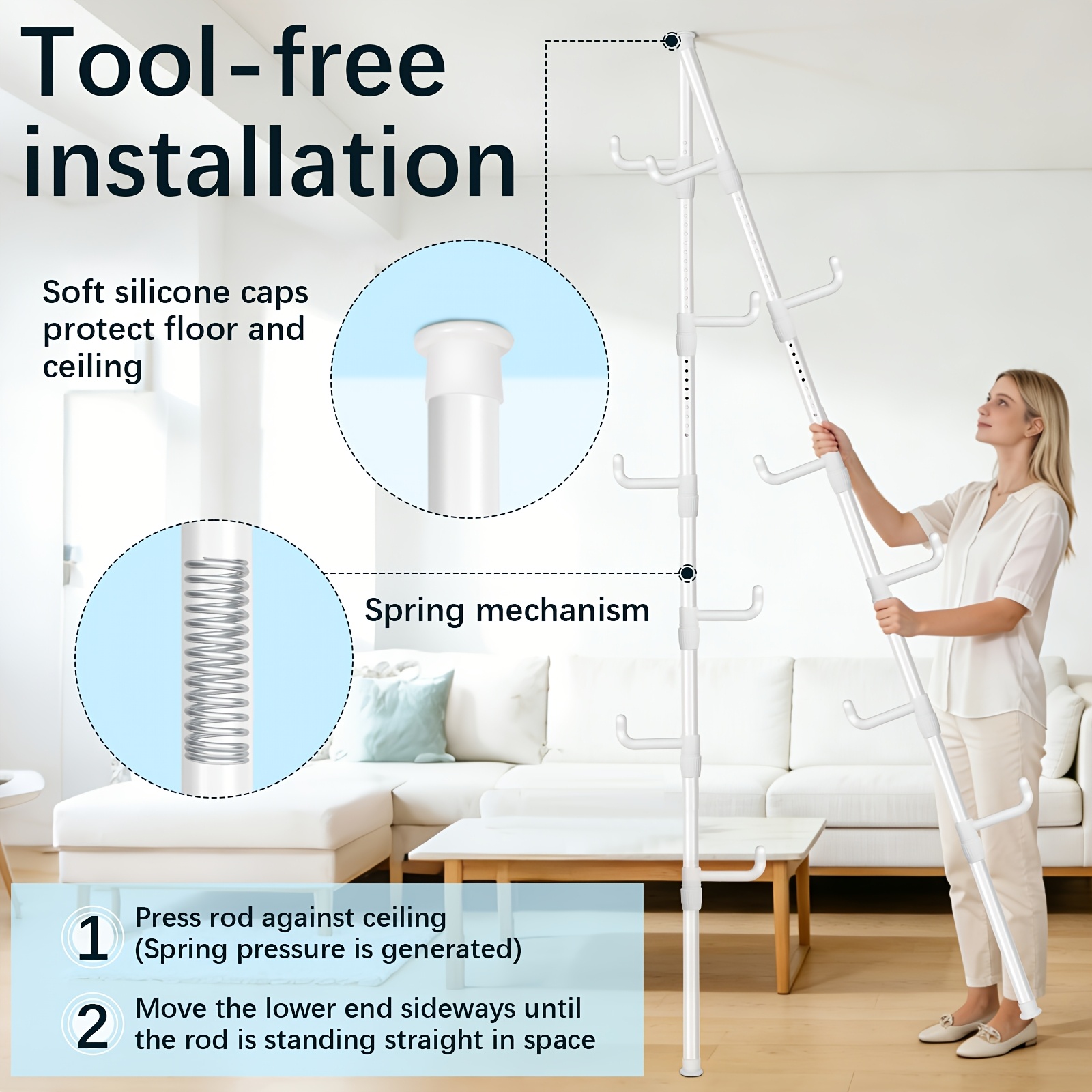 Image of Adjustable Tension Rod Clothes Rack From 43 To 3.1 Meter, Featuring 4 Hooks, Suitable For Hanging Clothes, Jackets, Hats, And Scarves, Ideal For Living Rooms, , And Kitchens