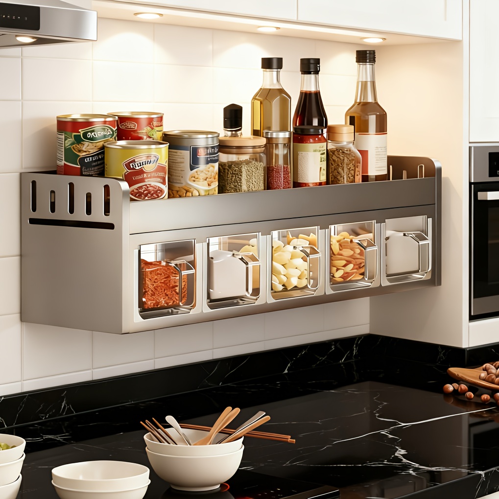 TEMU Multi Functional Wall Mounted Kitchen Spice Storage Container, No Drilling Required, Seasoning Rack And Dispenser For Storing Seasonings, Black