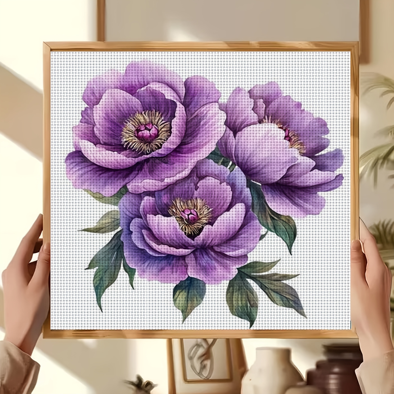 DIY Cross-Stitch Printed Kit with Three Purple Peonies
