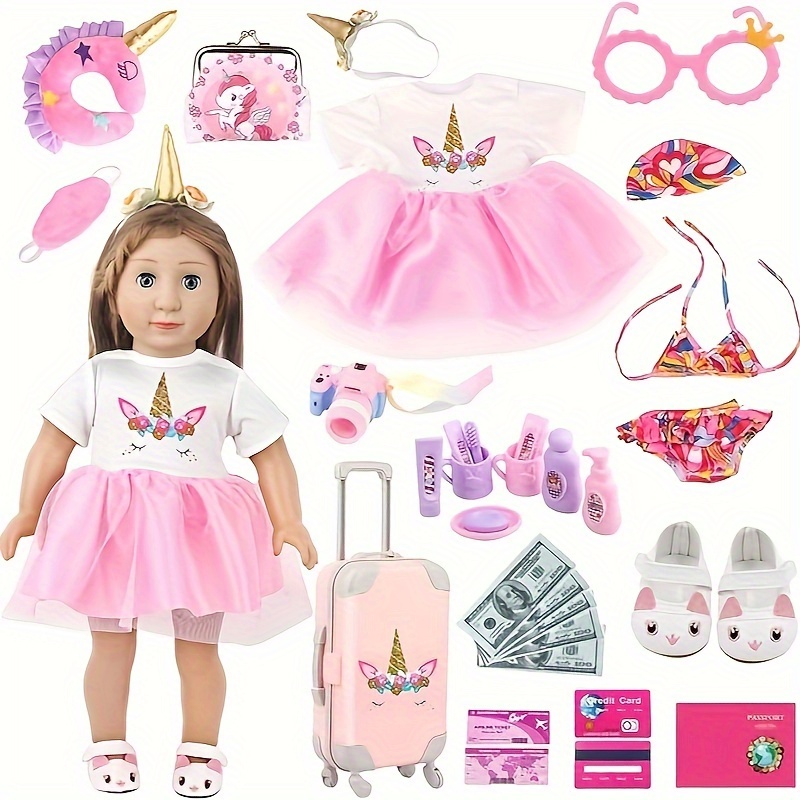 

Doll Travel Set For 18-inch , Includes Luggage, Unicorn Themed Doll Dress, Bikini Swimsuit, Toiletry Kits And Coin Purses, 32 Pcs Birthday Gift For Girls