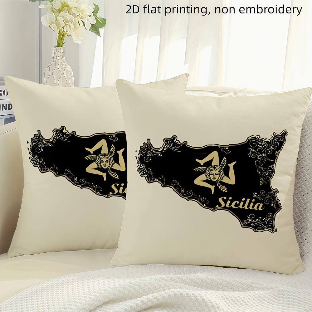 TEMU Housses de coussin courtes en peluche plates 2D, 2 pièces, avec le contour de la Sicile, un badge de jambe à courbes et le slogan 'Sicilia'.