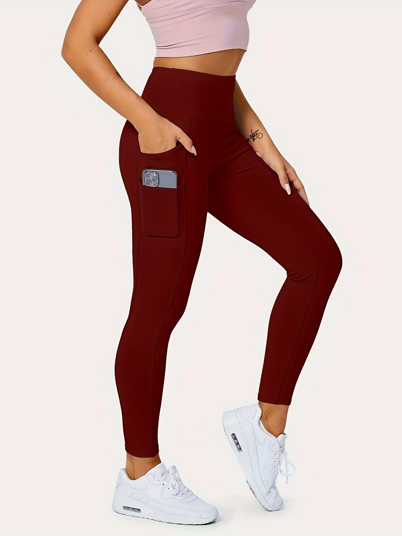 Plus Size Sports Leggings, Women's Plus Solid Pipping High Rise High Stretch Skinny Leggings With Pockets Suitable Spring/Autumn