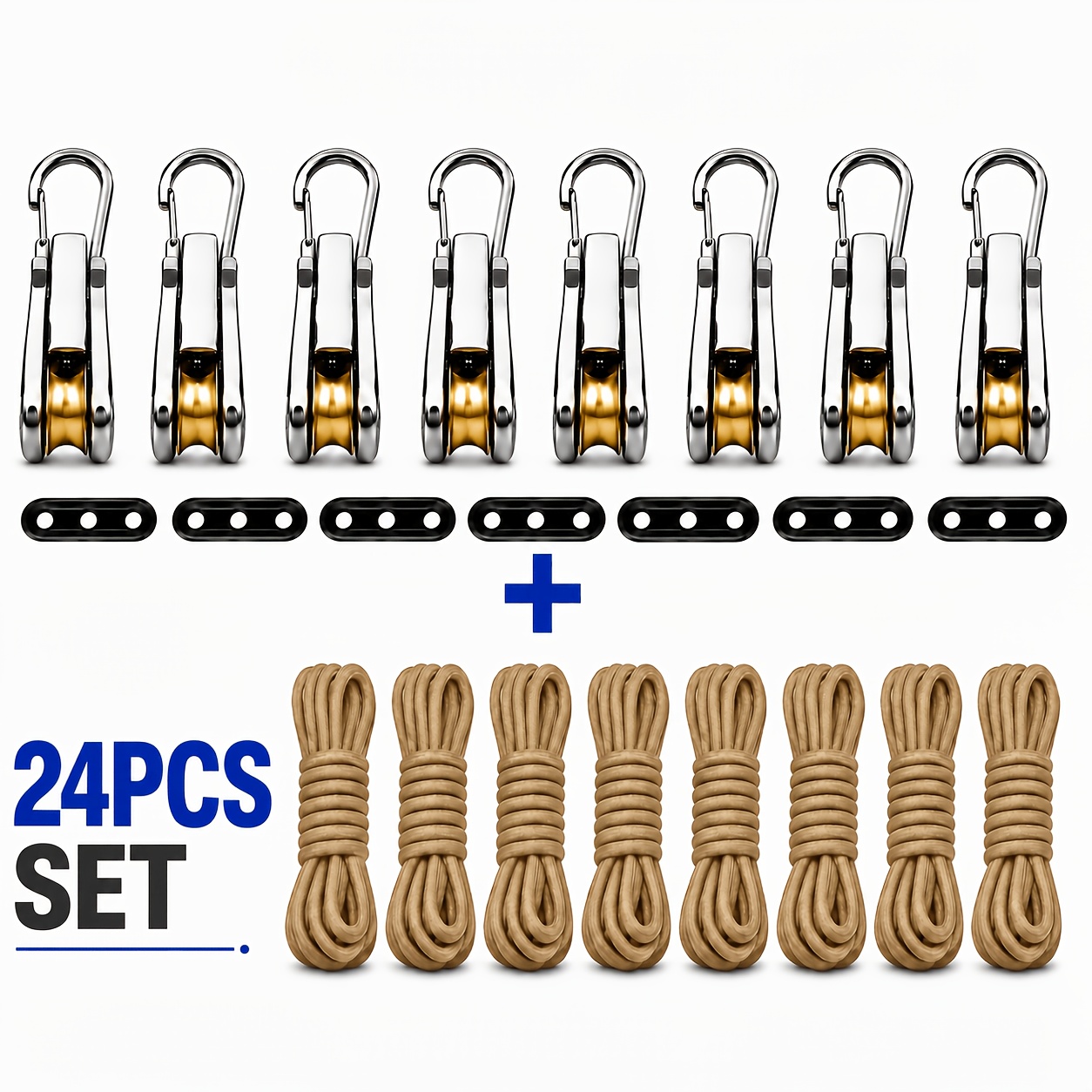 TEMU 24pcs Set (8 Guyline Hooks + 8 Ropes + 8 Three-hole Tensioners), Featuring Roller Tensioners, An Adjustable Rope Pulley System, And Locking