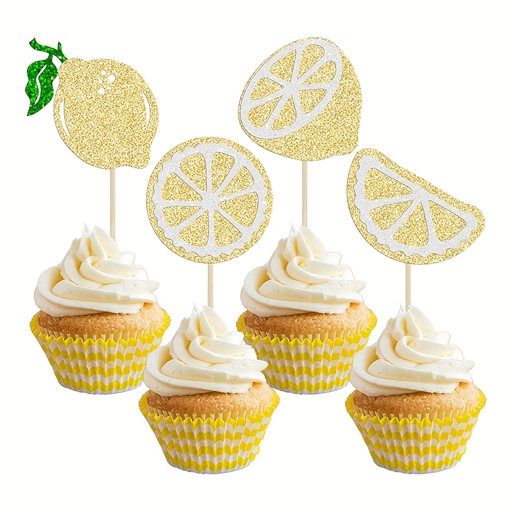 Set Of 24 Glittery Lemon-themed Cupcake Toppers, Perfect For Summer Lemonade For Party Cake Decorations