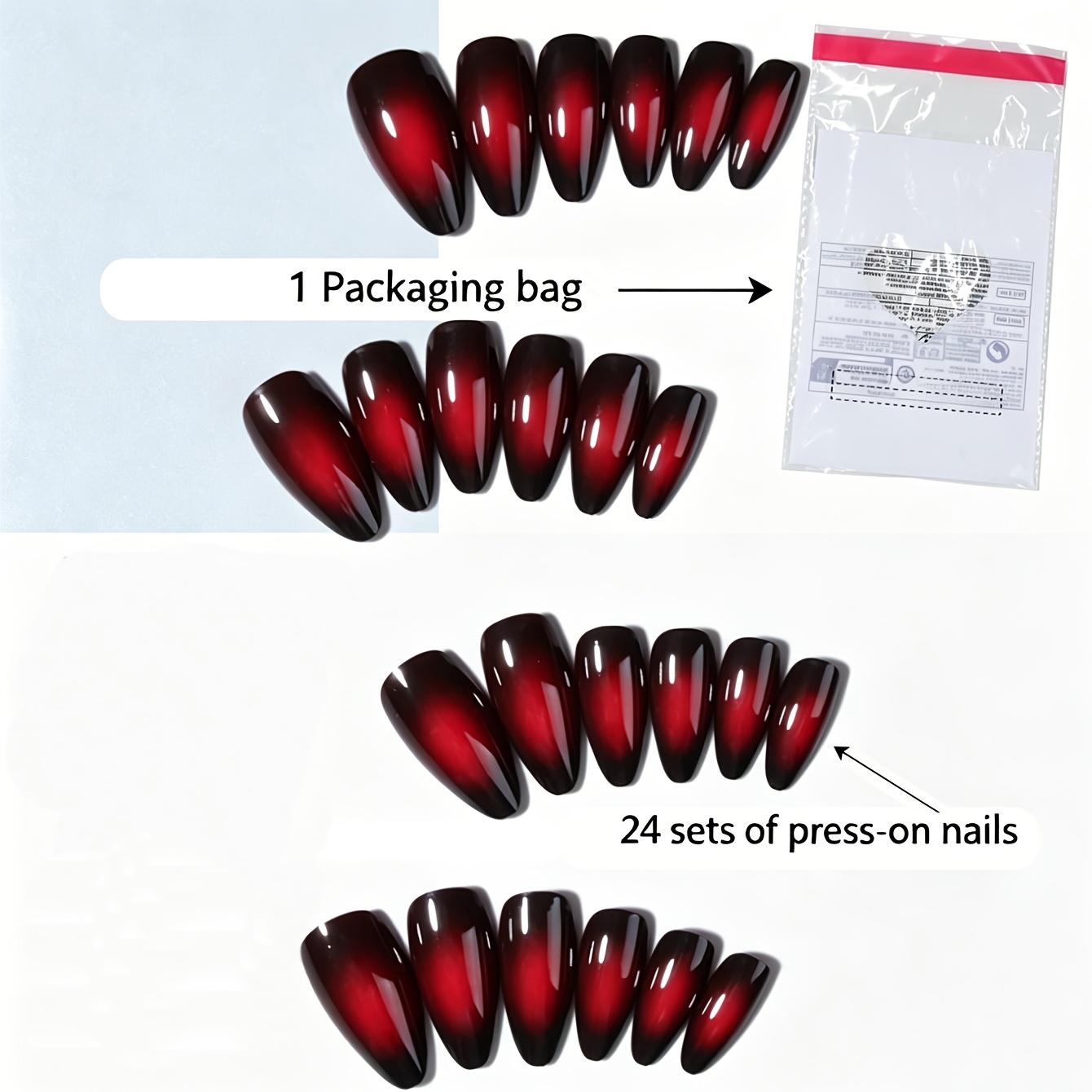 25 komada (24 komada nosivog oklopa i 1 kom pakiranja) premium vinsko crvena jednobojna mačkasta očna oko nail   cool i prekrasan stil svijetli badem lažni nokti ženski akrilni lažni nokti prikladni za svakodnevno nošenje i zabave