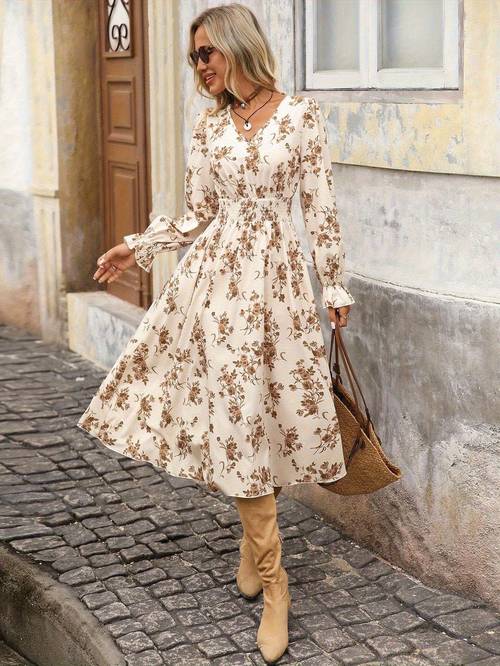 yy1029210 womens new elegant floral print bohemian v neck waist tie ruffle long sleeve midi dress
