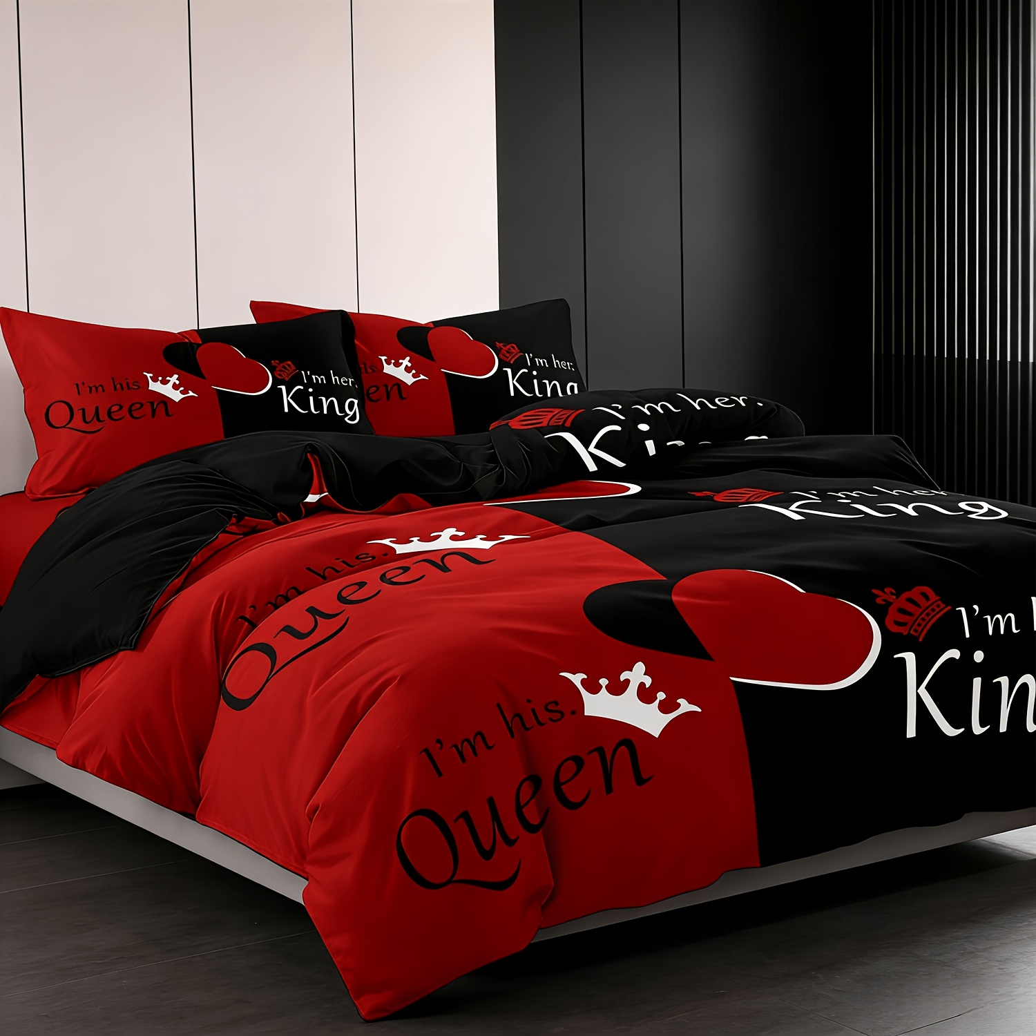 TEMU 3pcs Dark Red Black Quilt Duvet Cover Bedding With Queen And English Letters Design Printed For Bedrooms, Guest Rooms Or Dormitory, Room