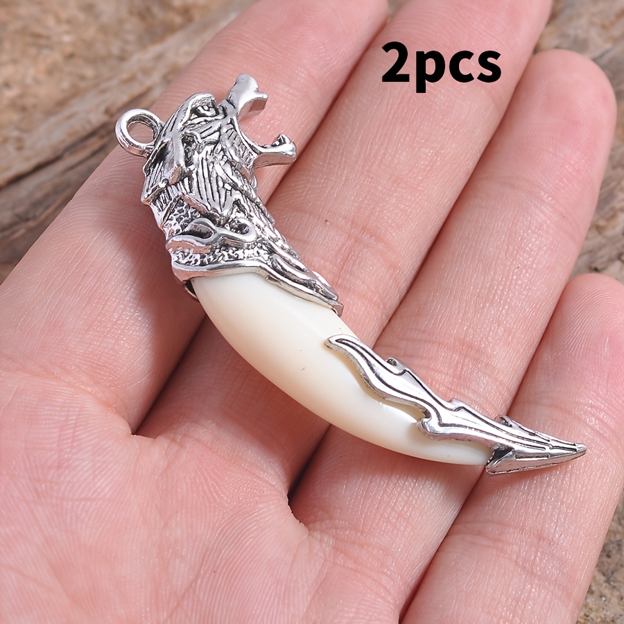 TEMU 2pcs Minimalist Vintage Personality White Wolf Tooth Pendant - Piece, Suitable For Diy Keychains, Necklace Accessories, Casual Matching
