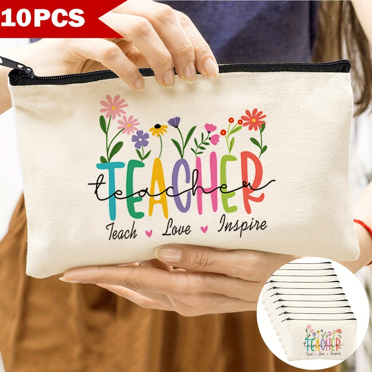 

10pcs Teacher Appreciation Canvas Tote Set - , Zippered Makeup & Toiletry Bags With Snack Pouches - Perfect Gift For Mom, Teachers, And On Day, Christmas, Birthdays, And Back To School