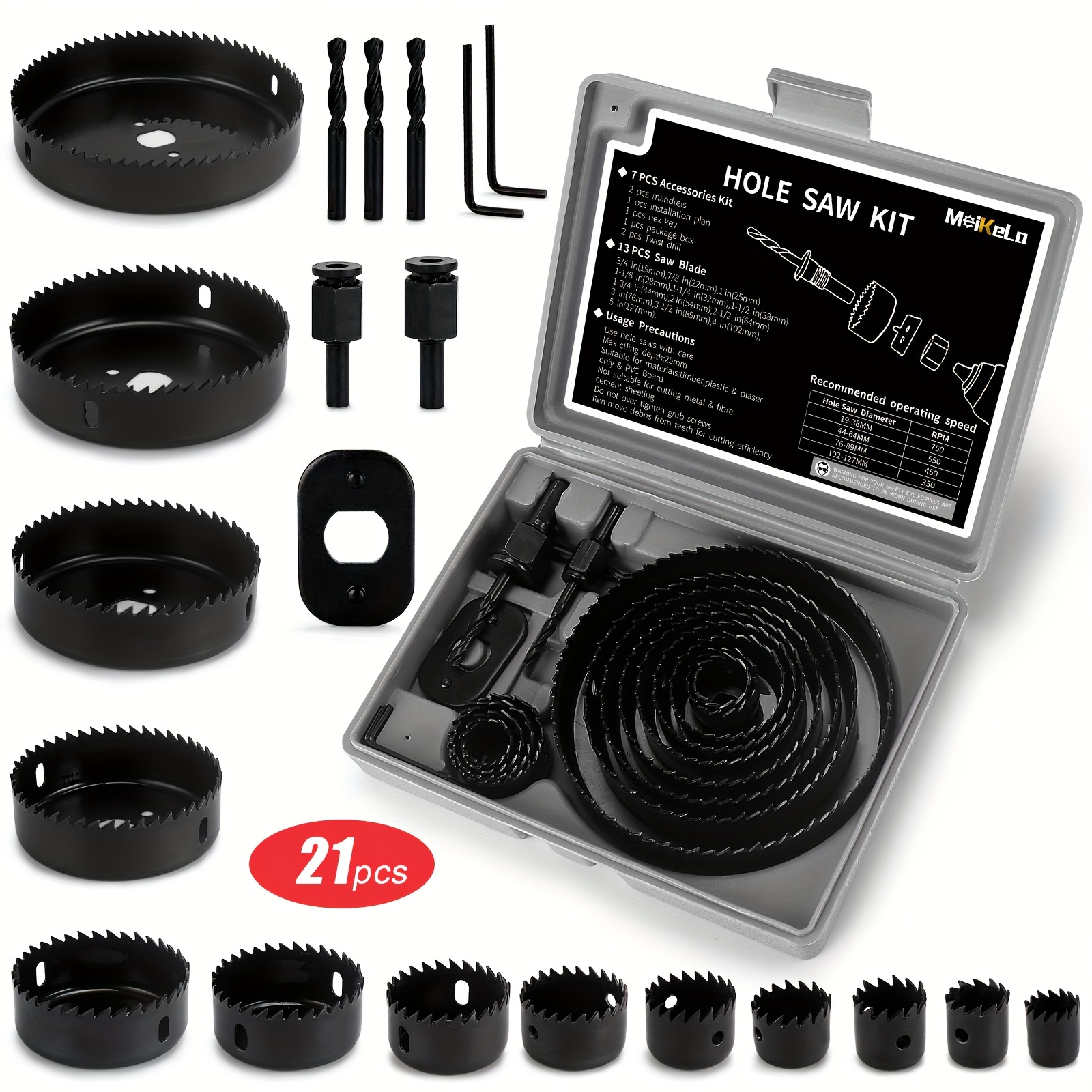 

21pcs Kit, Set, 3/4" To 5" With For Wood, Plastic, Pvc And Drywall