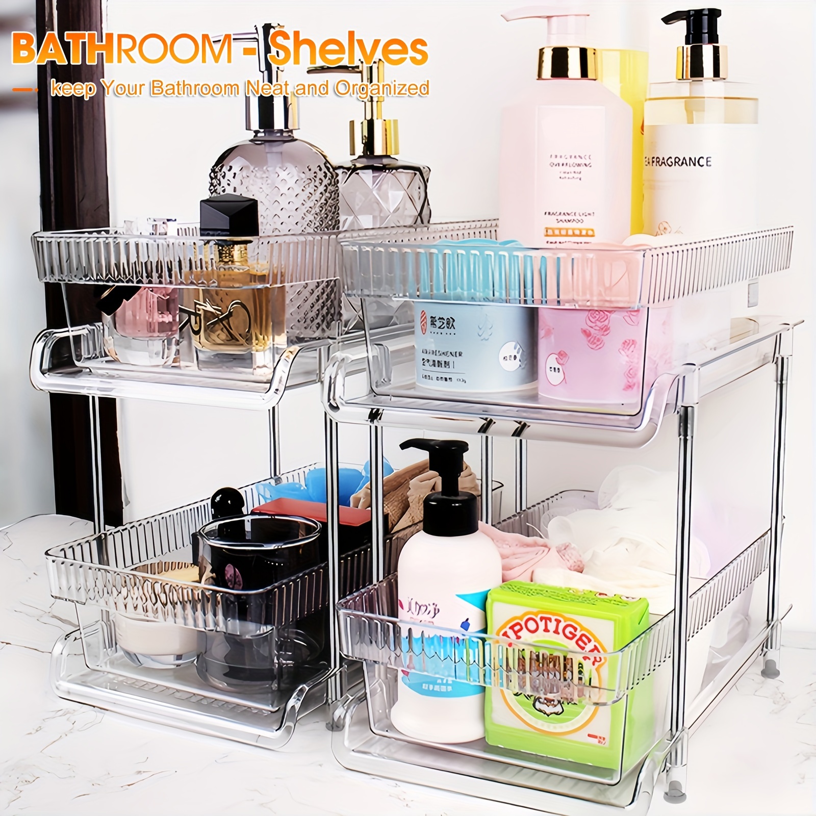 

2-tier Clear Pull Out Bathroom Organizer And Storage, Kitchen Under Sink And Pantry Organizer With Dividers, Multi-purpose Sliding Drawer Counter/vanity Shelf