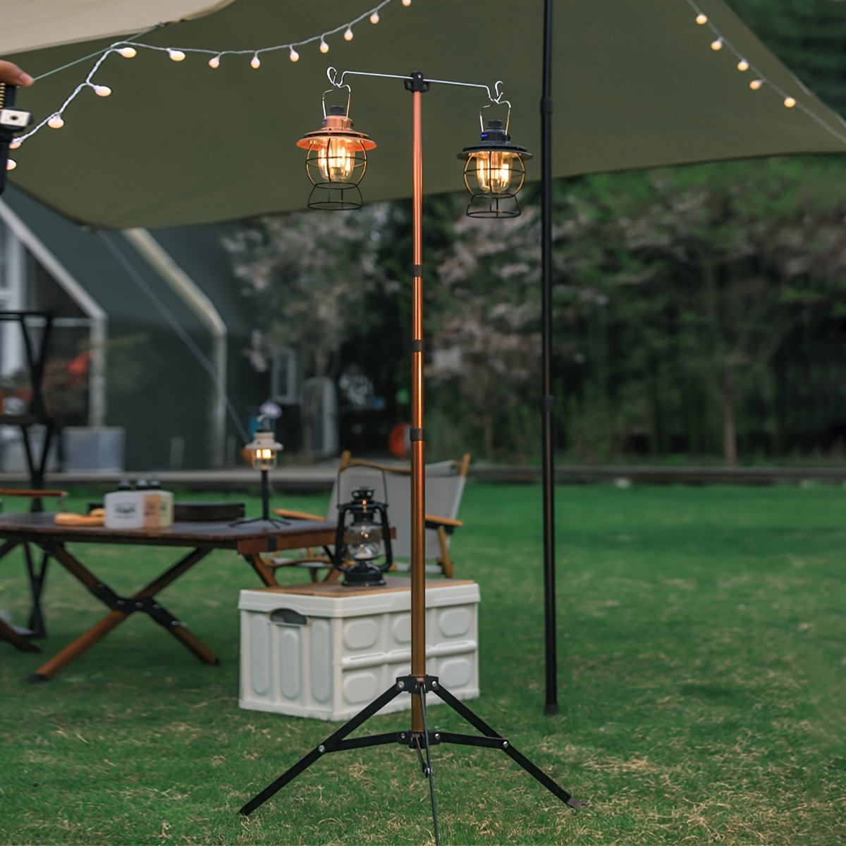 

Portable Telescopic Outdoor Camping Lamp Stand, Adjustable Height, Aluminum Alloy Lighting Pole With Hooks For Hanging Lanterns, Lightweight & Easy To Carry For & Backyard Use