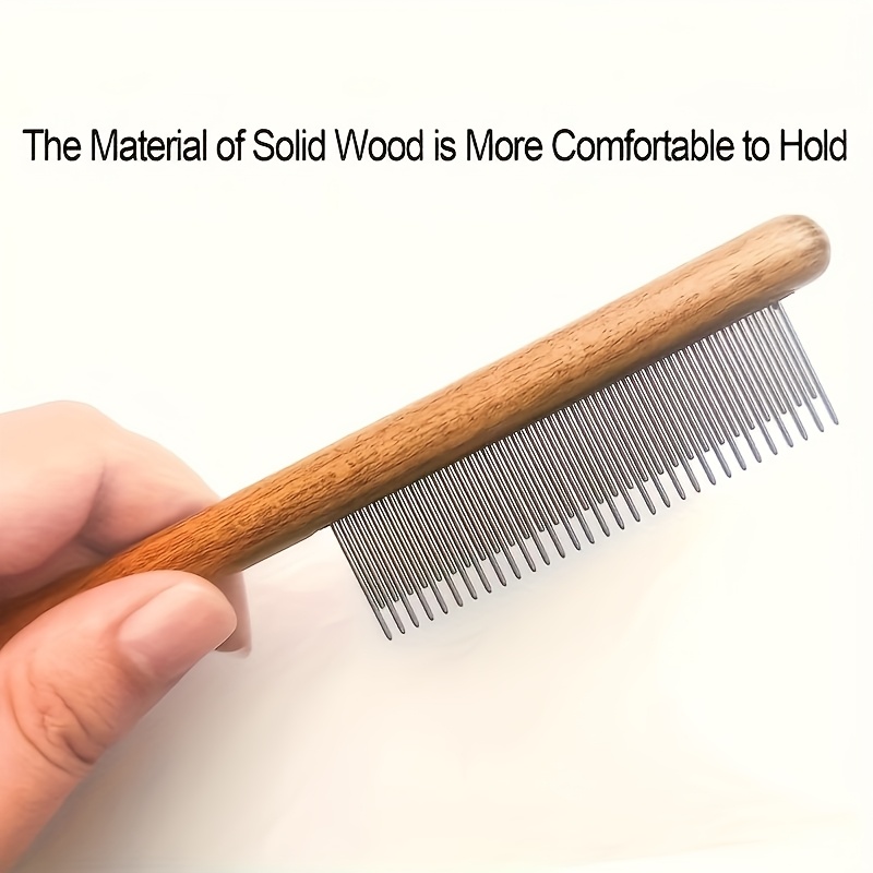 Image of A Pet Grooming Comb Suitable For Cats And Dogs, Designed For Quick Hair Removal Without Damage, Featuring A Non-slip Wooden Handle With Dual-row Long And Short Teeth For Trimming And Care