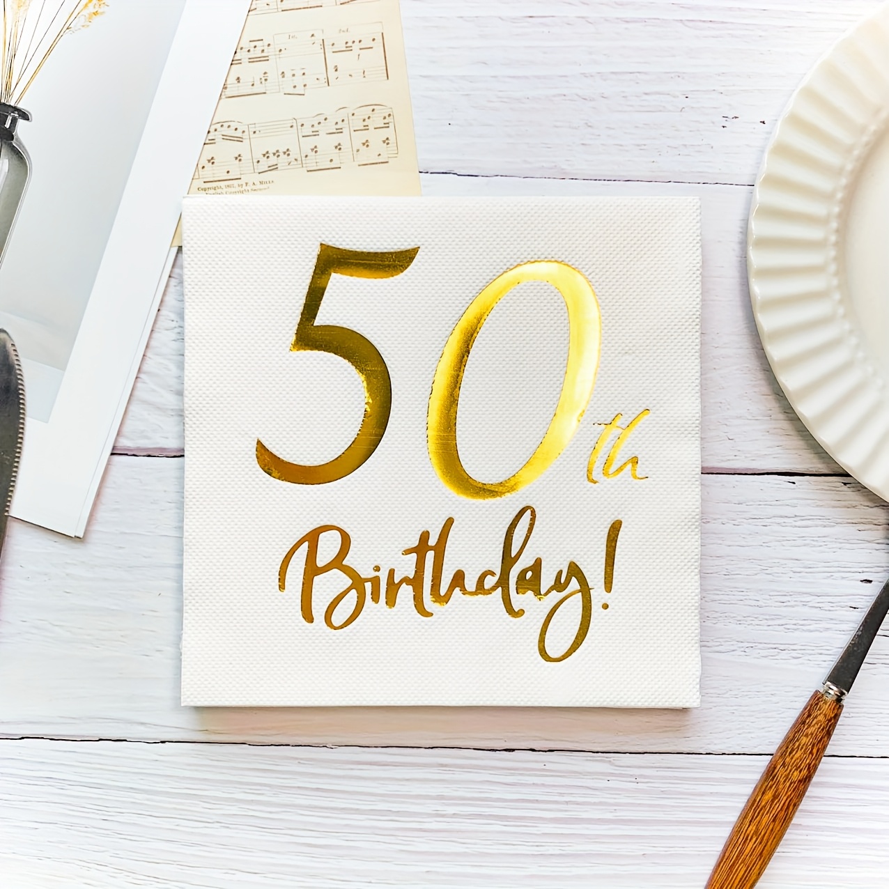 40pcs Of Gold-foiled White Napkins With 50th, Made From Wood , Double-layered Disposable Paper Towels (6.5*6.5 Inches), Suitable For Birthday Parties And , Disposable Napkin Supplies