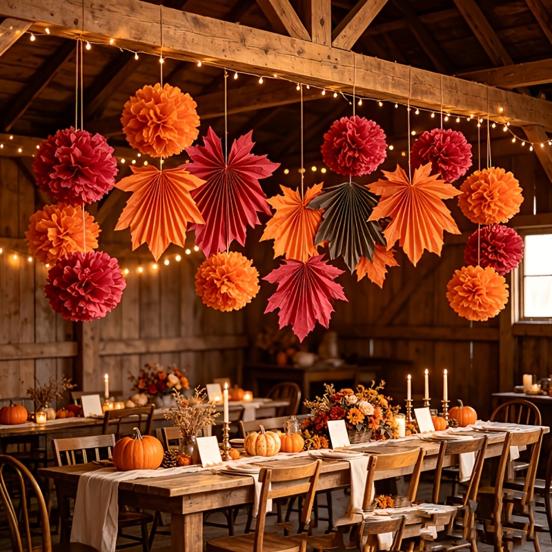 TEMU 17pcs Autumn Hanging Paper Decoration Set, Including Maple Leaf Paper Fans And Retro Warm- Paper Pom-poms, Burgundy, Orange, Dark Brown Autumn