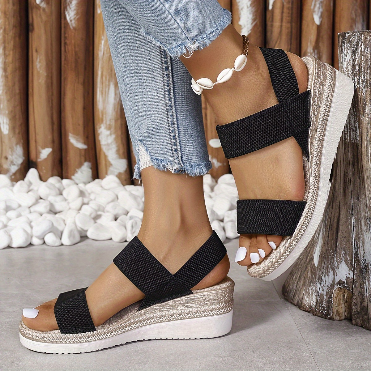 casual wedge sandals women s round open toe elastic band details 0