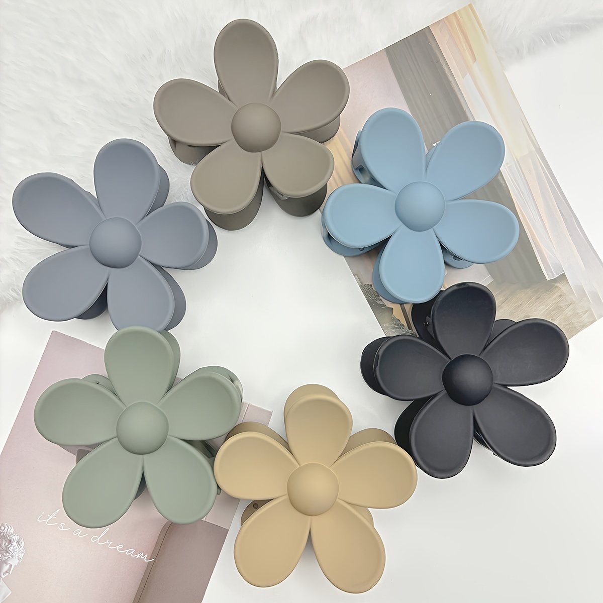 

6pcs Elegant Sweet Resin Flower Hair Claws Set - Big Size Candy Color Matte Hair Clips For Girls Ages 12-14, Solid Color Hair Accessories For High Ponytail & Updo Styles