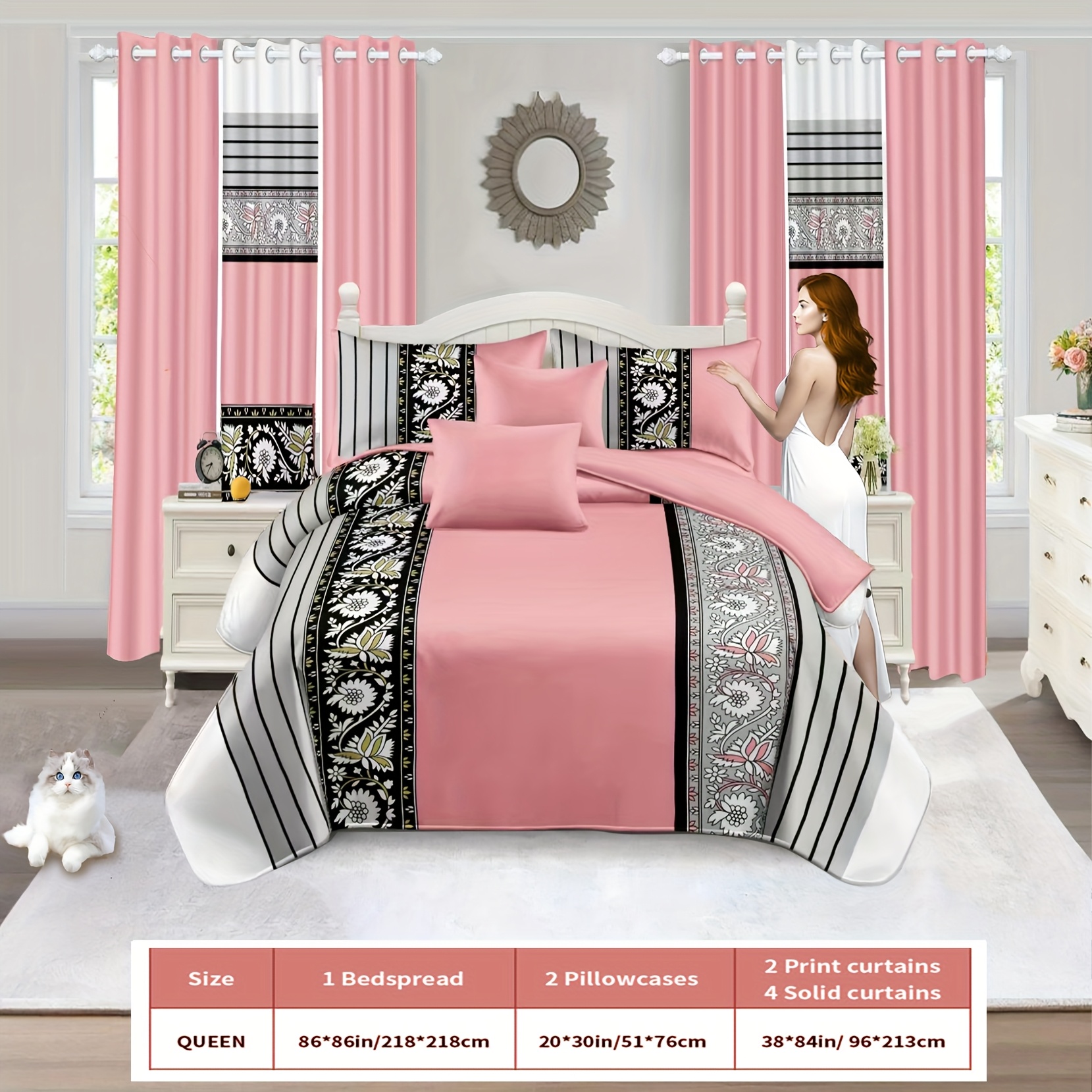 TEMU Rubby 9pcs Bedding And Curtain Set, Edition, 1 Thick Printed , 2 Printed Pillows, 4 Solid Curtains, 2 Printed Curtains, Gift, Rv, , Apartments,