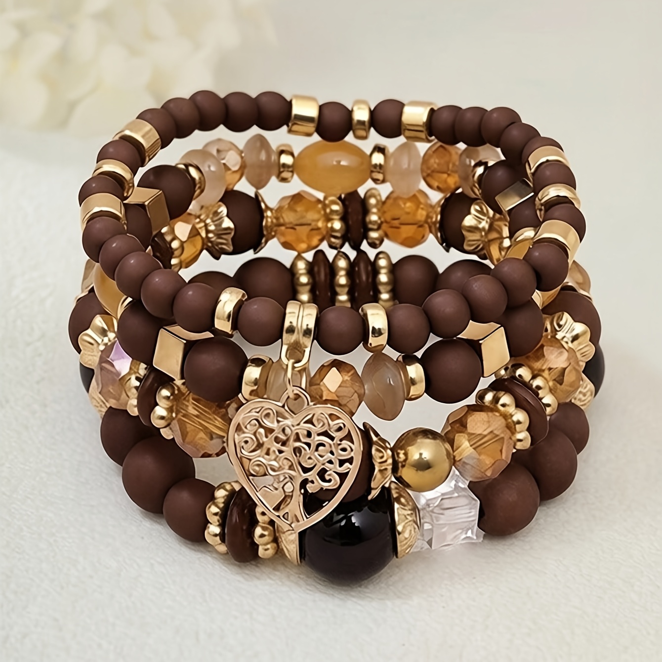 TEMU Set braccialetti in stile boh矇mien, impilabili , con ciondolo a forma di cuore, albero della vita e amore, set di perline acriliche fatte a ,