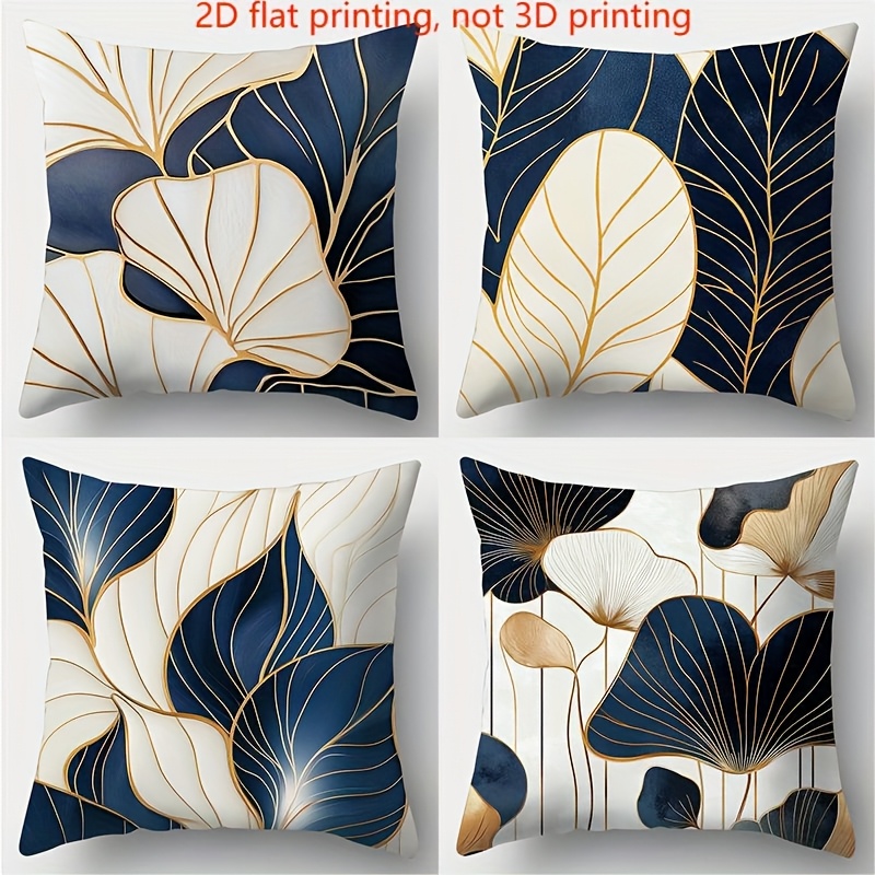 TEMU - A Set Of Four, Featuring Pillow Covers With A , Navy Blue And White Foliage, Accented With Golden Lines On A White Backdrop, In A Watercolor