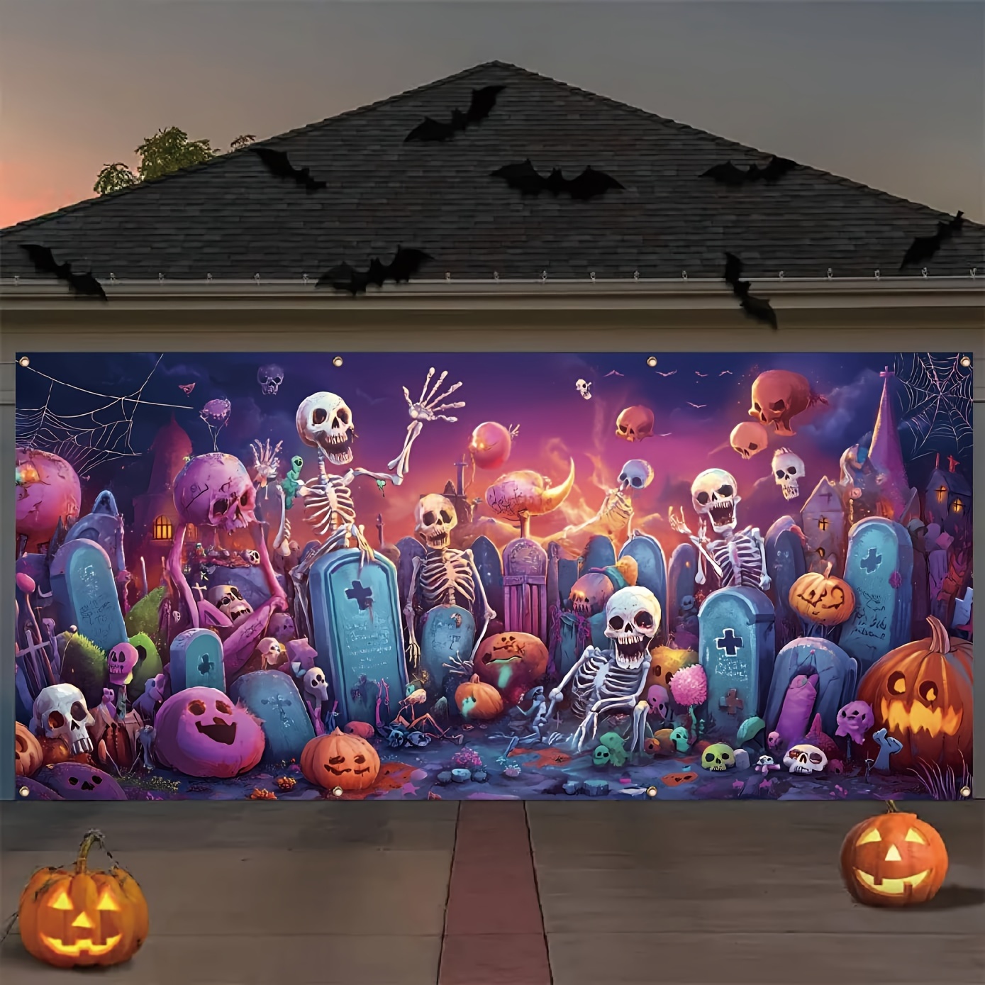 

Garage Banner - Spooky & Tombstone Design With Vibrant Polyester, Perfect For Outdoor Festivities & Party Decor, 157x71 Inches