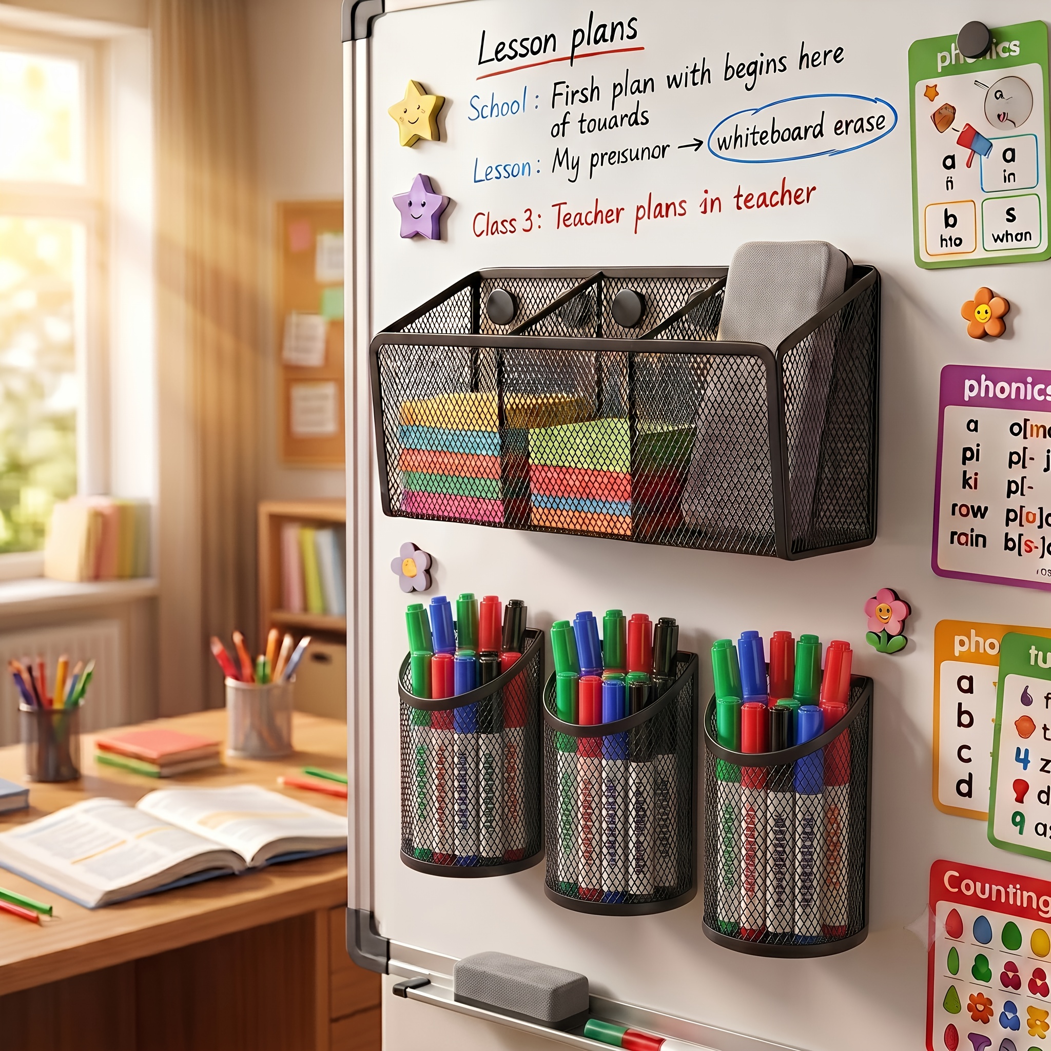 TEMU 4pcs Magnetic Pencil Holder Mesh Storage Basket Organizer For Fridge Whiteboard Metal Office Supplies Organization Set