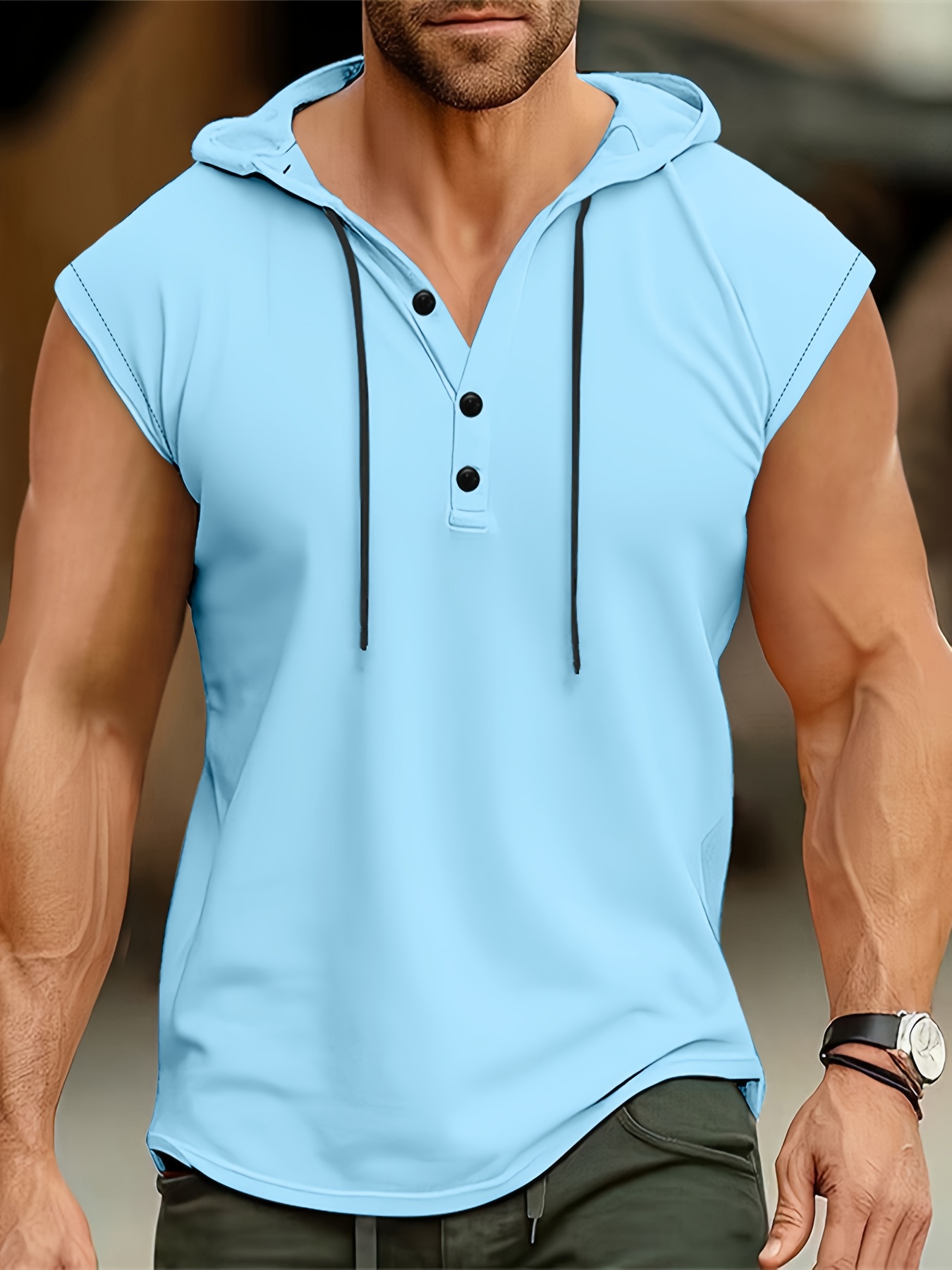 Men's Sleeveless Hooded Henley Shirt - Lightweight, Breathable Polyester | Summer Casual & Sporty Top with Button Detail | Machine Washable