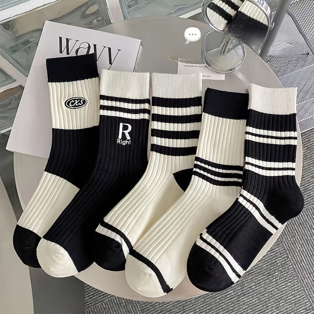 

5pcs Women's Striped Crew Socks - Comfy, Breathable & Soft Polyester , Sports & Casual Wear