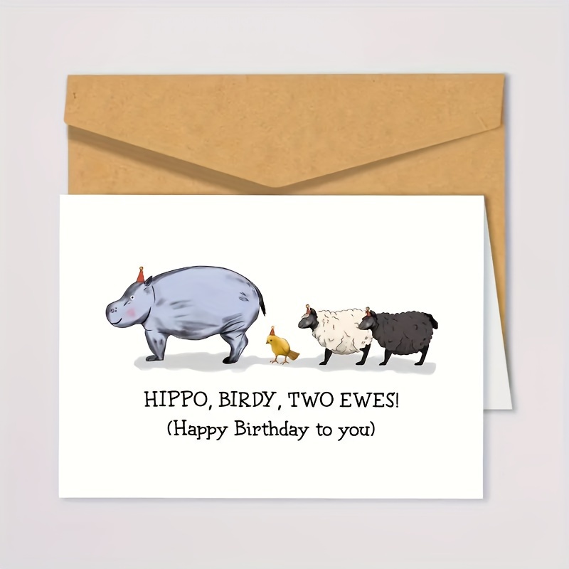 TEMU 1pc Funny Animal Birthday Card With Envelope – Hippo, Bird & 2 Ewe Design, Laser-cut "happy Birthday To You" In English, Abstract Theme For
