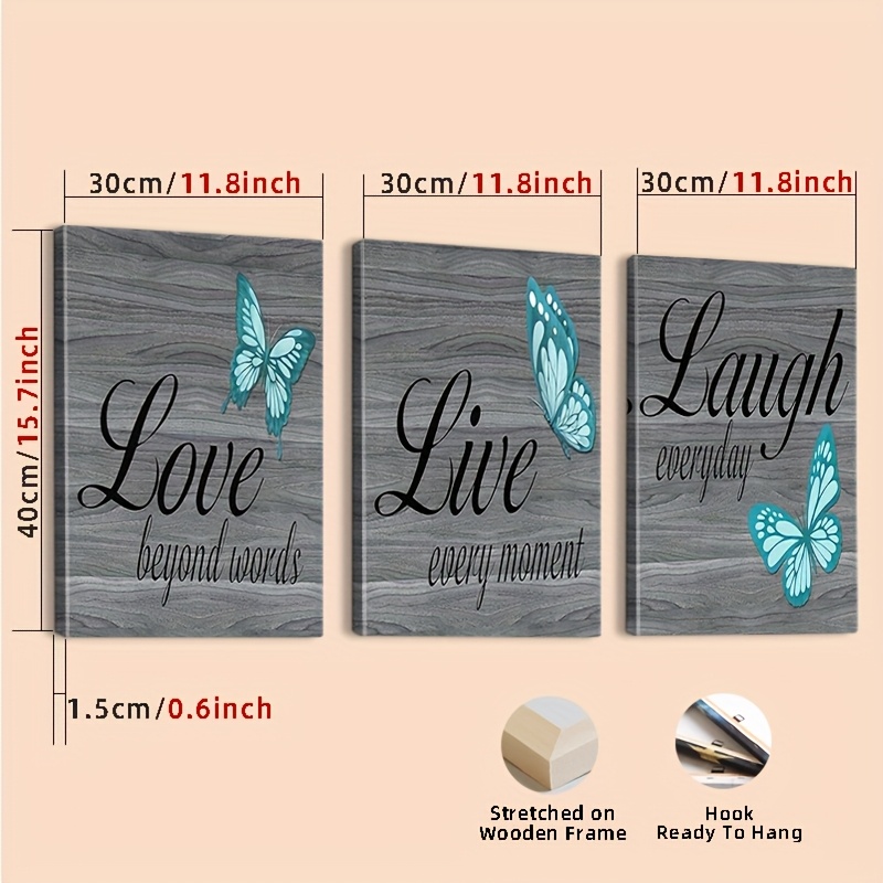 TEMU 3 pièces d'Art Mural sur Toile Encadrée - Peinture de Papillon & Panneau "Aime, , Vis", Impression Grise avec Motivante, Décoration avec Cadre