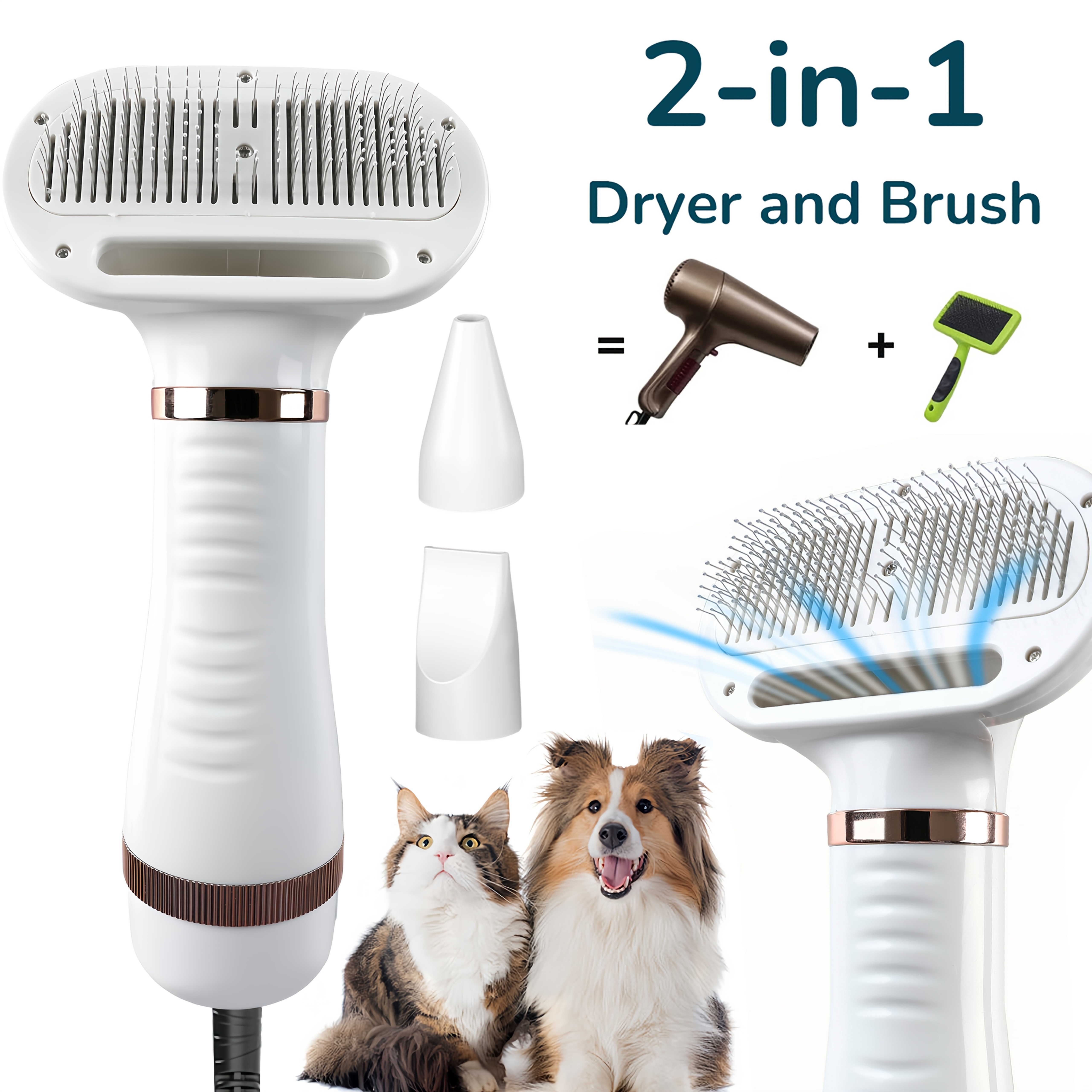TEMU Dog Hair Dryer And Dog Blow Dryer, 2-in-1 Pet Hair Dryer With Self-cleaning Brush - Portable Grooming For Dogs And Cats, 3 Temperature Settings,